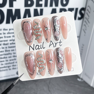 Nuevo Producto Lanzado, <span class=keywords><strong>Uñas</strong></span> Decoradas con Serpiente <span class=keywords><strong>Rosa</strong></span> <span class=keywords><strong>y</strong></span> Estrellas Celestiales Grabadas en Plata, Hechas a Mano - Product Image 1