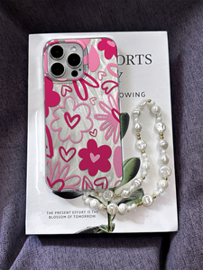Coque <span class=keywords><strong>de</strong></span> téléphone antichoc en TPU souple avec motif floral rose, cœur argenté, peinture UV, et lanière perlée <span class=keywords><strong>pour</strong></span> iPhone 16 15 14 Pro Max avec protection d'objectif - Product Image 5