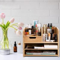 Organisateur de bureau multi-niveaux en bambou avec tiroirs et compartiments pour papeterie, unité de rangement pour bureau à domicile et comptoir