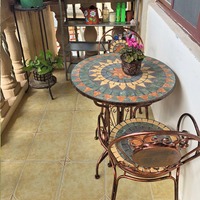 Juego de Muebles de Jardín de Hierro con Mosaico, Una Mesa y Dos Sillas, Tres Piezas, Apto para Balcón y Patio, Mesas de Exterior Cómodas