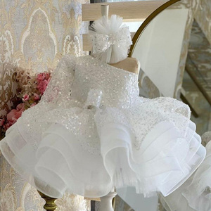 Eén schouder pailletten glanzende lange mouwen haute couture kinderkleding zomer meisjes bruiloft baljurk verjaardag feestjurken - Product Image 1