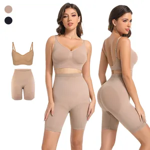 Liền Mạch BBL Quần Short Rắn Màu Giữa Đùi Spaghetti Dây Đeo Có Thể Điều Chỉnh Máy Ép Áo Ngực Shaper Set Spandex Căng Của Phụ Nữ Đồ Lót Bộ