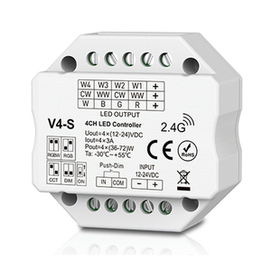 Controlador LED RF de 4 canales, caja de montaje con Push Dim para tiras de luz LED RGB RGBW, <span class=keywords><strong>Mini</strong></span> RF, 4 canales, 3A, 12-24 VCC, 1 unidad - Product Image 1