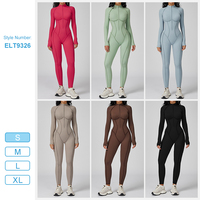 ELT9326 Combinaison de yoga respirante à manches longues pour femmes, avec coutures contrastées et fermeture à glissière sur le devant, combinaison de fitness et de gym grande taille