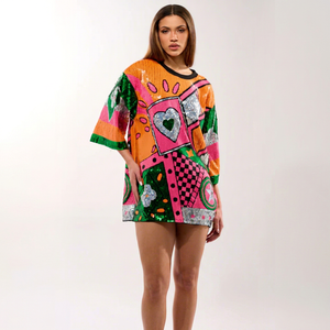 Oversized Women's <b>Sequined</b> Patchwork <b>T</b>-<b>Shirt</b> Short Sleeve Loose Fit O-Neck Glitter Print Spring Summer Woven Polyester <b>Dress</b> - Product Image 1