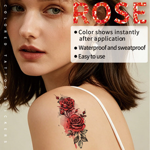 Autocollants de <span class=keywords><strong>tatouage</strong></span> temporaire rose rouge, imperméables, résistants à la transpiration, tatouages floraux réalistes pour femmes - Product Image 4