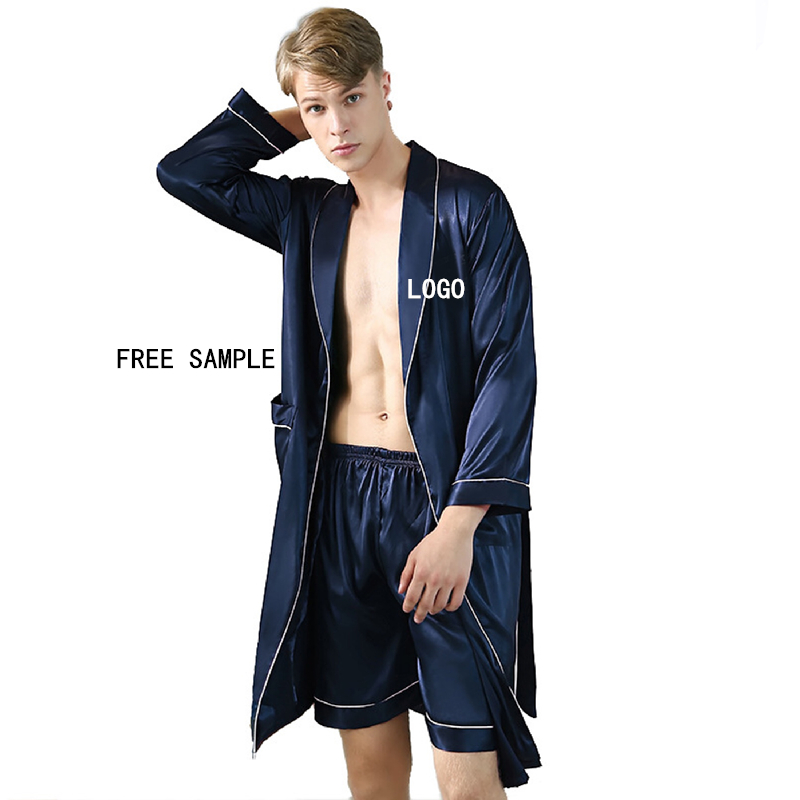 Оптовая продажа, индивидуальный логотип, длинные халаты, наборы, длинный рукав, однотонный мужской атласный шелковый халат с шортами
