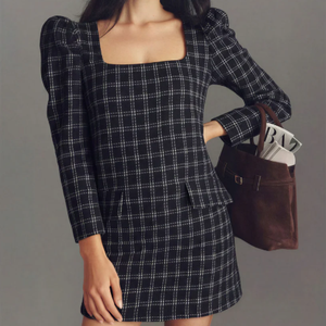 Robe mini en tweed à carreaux pour femmes, col carré, manches bouffantes, tenue de bureau élégante et formelle - Product Image 1