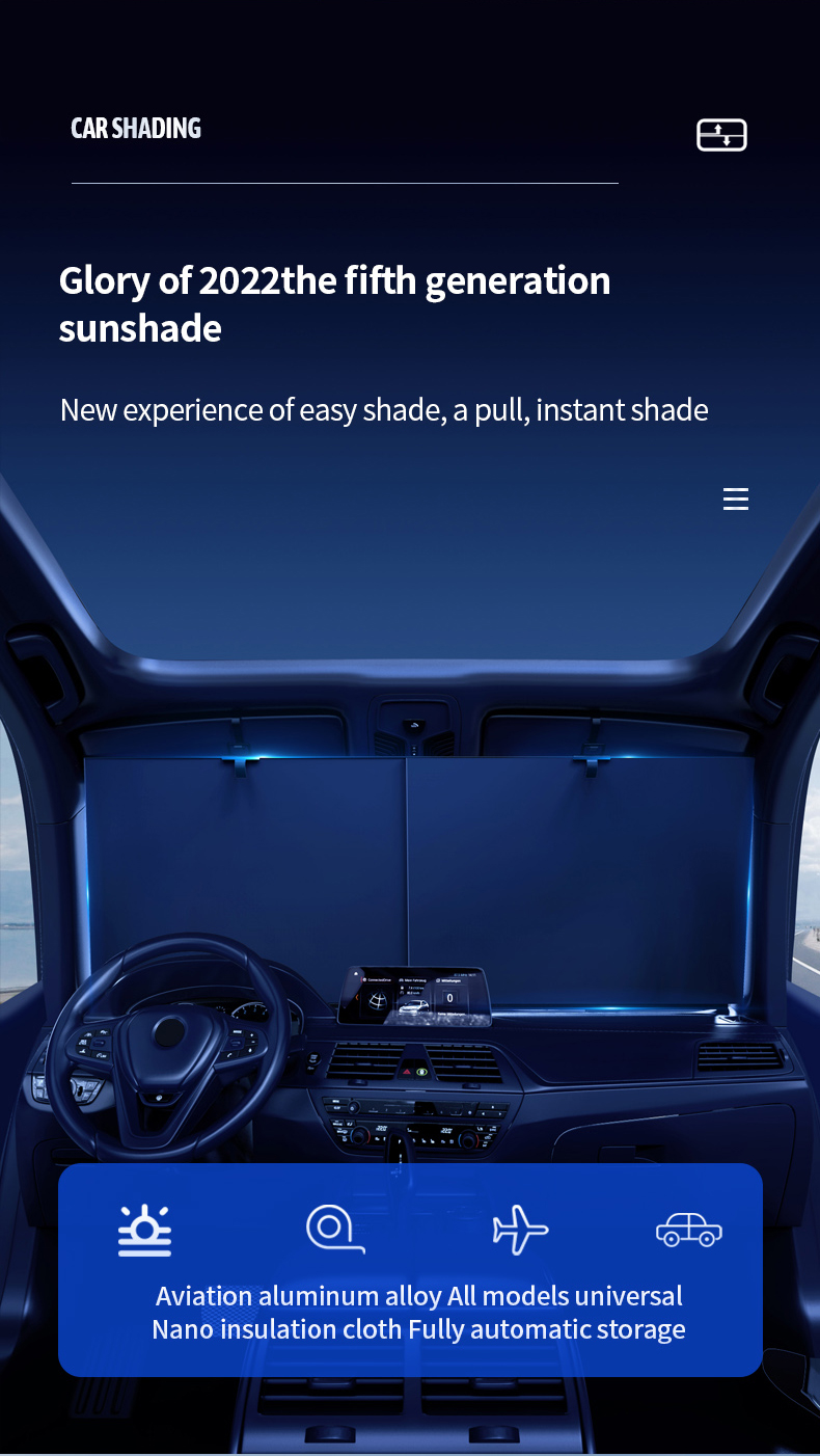 Fifth car Windshield Sunshade, Fifth , Oxford sun shield, sun block 0 light transmission, 80-140cm retractable