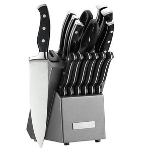 Ensemble de couteaux de cuisine domestiques à trois rivets avec manche noir, en acier inoxydable, avec bloc de rangement gris en plastique - Product Image 1
