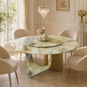 Table à manger ronde en marbre peinte à l'encre sur mesure, style moderne, 8 places, pieds en métal, mobilier en pierre pour villa - Product Image 3