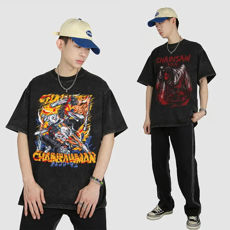 Camisa de anime vintage para hombre, camisa de manga corta de 280g de algodón, chainsaw de anime japonés, ropa de calle de gran tamaño, camisetas de anime