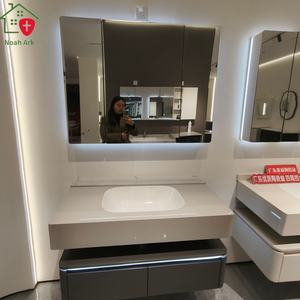 Meuble-lavabo de salle de bain de luxe moderne en bois massif et contreplaqué, suspendu au mur, avec miroir, rangement multi-espaces, double tiroir, personnalisable - Product Image 3