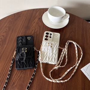 Étui portefeuille <span class=keywords><strong>de</strong></span> luxe en cuir texturé avec imprimé cœur <span class=keywords><strong>Kawaii</strong></span> et nœud, pour <span class=keywords><strong>Samsung</strong></span> Galaxy S26 Ultra S25 S24 A56, avec sangle chaîne bandoulière - Product Image 1