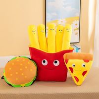 En gros, jouets en peluche doux et amusants en forme de nourriture (hamburgers, frites, pizza), rembourrés en coton PP, brodés, coussin d'anniversaire en peluche