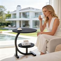 Table d'appoint contemporaine à 2 niveaux, ronde, en marbre noir imprimé, avec base en métal en forme de C, pour table basse