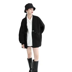 2021 зимнее модное простое черное флисовое мягкое пальто с кулиской Женская свободная плащ-топ 2586