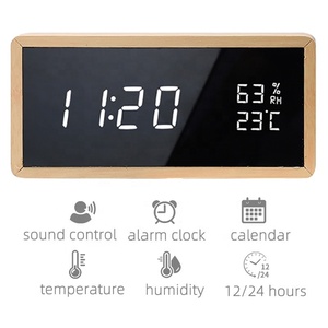 Bán buôn Tabletop LED tre Acrylic đồng hồ với nhiệt độ humidty 3 Báo động Điều khiển bằng giọng nói gỗ sáng làm cho lịch cho nhà - Product Image 2