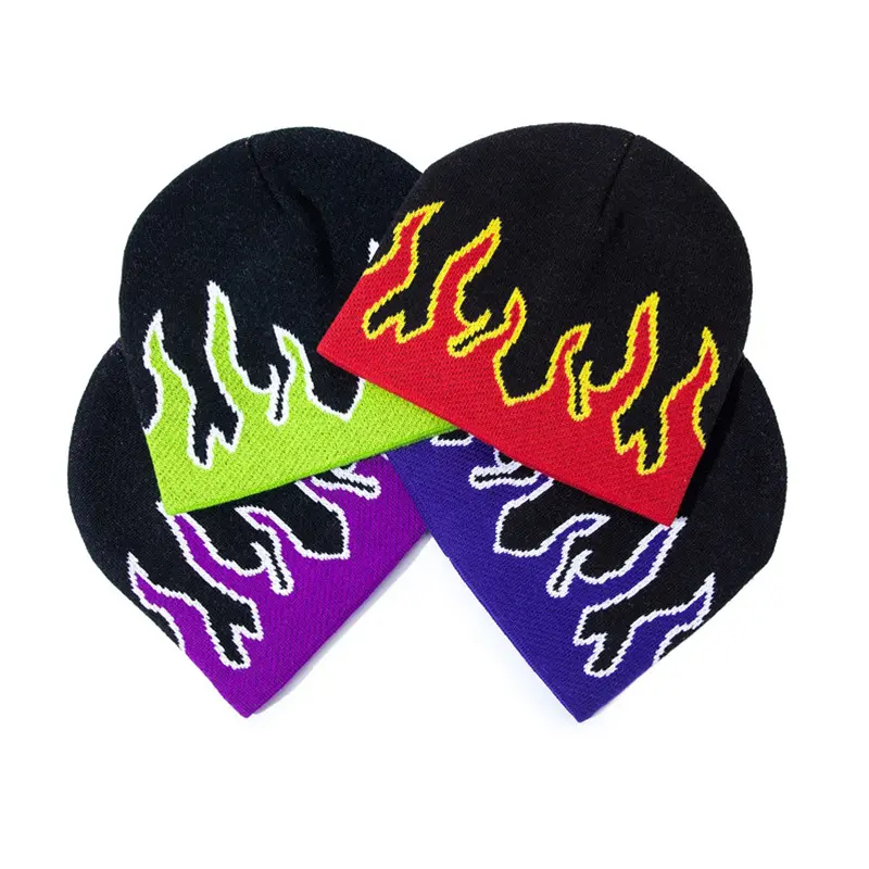 FYB custom logo hip hop fire flame print beanie high quality knit winter flame beanies hat
