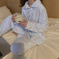 Femmes automne hiver décontracté à pois à manches longues costume ample Style coréen flanelle pyjamas dessin animé épaissi Cardigan maison