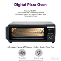 Four à pizza électrique numérique 18L avec convection 1700W, 10 préréglages, contrôle NTC, cuisson sans huile, double chauffage, pour pizzas de 12 pouces