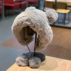 겨울 인조 모피 곰 귀 따뜻한 플러시 모자 폼폼 장식 스키 라이딩 두꺼운 귀마개 비니 모자 - Product Image 2