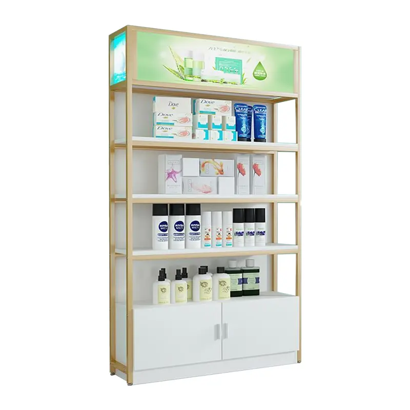 Belle vitrine de produits de salon multicouches avec boîte à lumière, présentoir de cosmétiques pour soins de la peau et étagère de rangement avec armoire