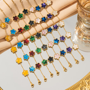 Pulseras de Acero Inoxidable de Moda, Color Degradado, Dije de Trébol de Cinco Hojas, Cadena Chapada en Oro - Product Image 1