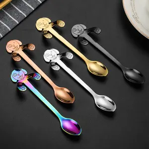 Kitchen Eco-friendly Cartoon Dog Shape Golden Mini Dessert Spoons Long Handle Honey Coffee Spoon Stainless Steel Gold Tea Spoon