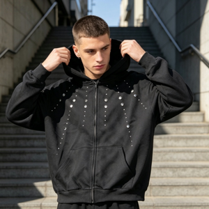 Sweat à capuche noir pour homme avec strass, coupe classique, en polyester tricoté, style streetwear décontracté, motif à pois, design automne - Product Image 4