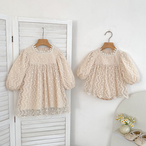 Vestido de Encaje de Malla Tejido a Crochet para Niña, Vestido de Escalada con Mangas Largas y Bordado de Princesa Coreana para <span class=keywords><strong>Hermanas</strong></span> - Product Image 1