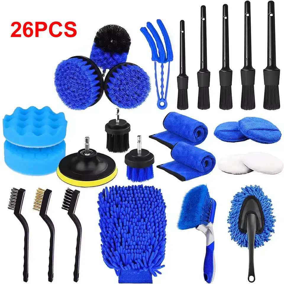 Pexmientas 26PCS Car Care Cleanings Car Detailing Brush Drill Washing Brush Set Buffing Sponge Pads Car Cleaning Tools Kit