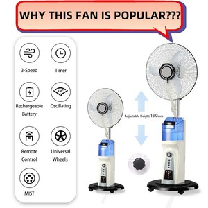 Ventilateur sur pied rechargeable à brumisation 18 pouces, réservoir d'eau 2,1 L, pour maison, bureau, extérieur, 3 vitesses, minuterie, batterie <span class=keywords><strong>solaire</strong></span>, télécommande - Product Image 2