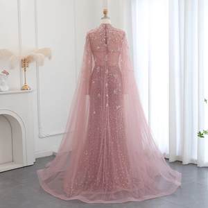 Gaun Malam Elegan Warna Peach Pink Model Duyung dengan Lengan Cape Berhias Manik-Manik untuk Pesta <span class=keywords><strong>Prom</strong></span> Formal Gaya Arab SZ202-1 - Product Image 2