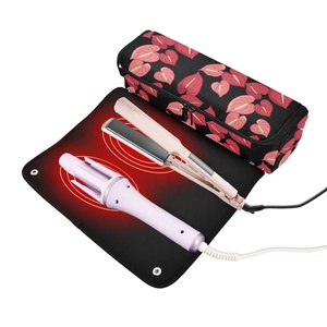 Hawaiian Red Anthurium Flower Print Curling Iron <b>Case</b> Nylon Fabric Custom Logo Hair Tools Storage Bag with Heat Resistant Mat - Product Image 1
