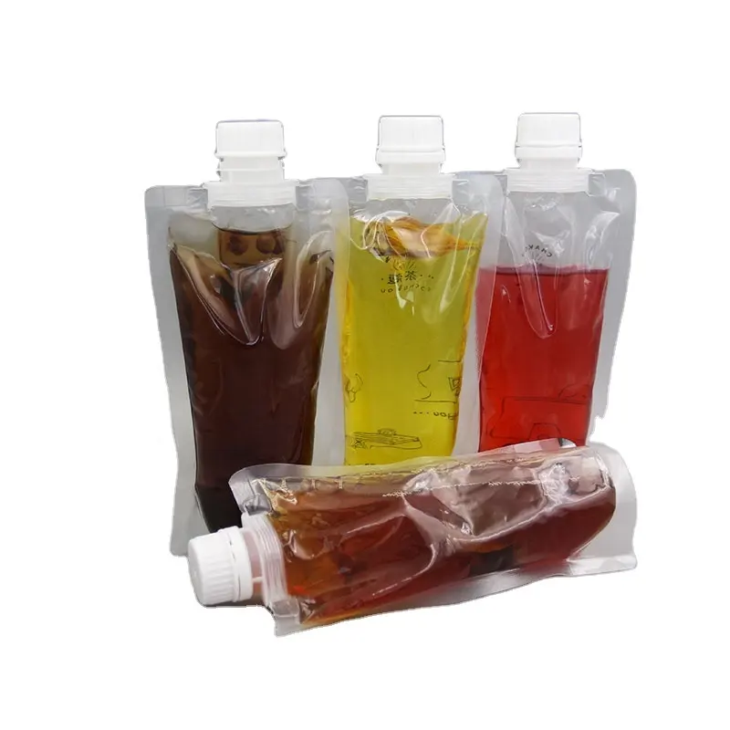 Bolsas de plástico con logotipo de impresión personalizada, 8oz, 16oz, 32oz, transparente, para bebidas, zumo, café, té y salsa, con boquilla