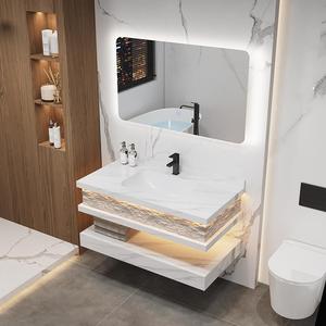 Conjunto de Mueble de Baño Moderno Personalizado con Lavabo Flotante de 2 Niveles en Piedra Sinterizada Blanca, Acabado Gris Oscuro Acanalado, sin Juntas, con Espejo Retroiluminado LED - Product Image 3