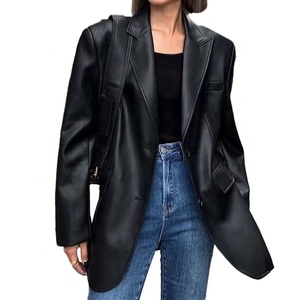 ヴィンテージファッション女性ショルダーパッドレザーブレザー特大本革ジャケット - Product Image 2