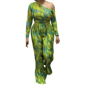 ชุดเซ็ต 2 ชิ้น เสื้อแขนยาวคอเฉียงพิมพ์ลาย กางเกงขายาวจีบพลีท แฟชั่นสำหรับผู้หญิง - Product Image 5