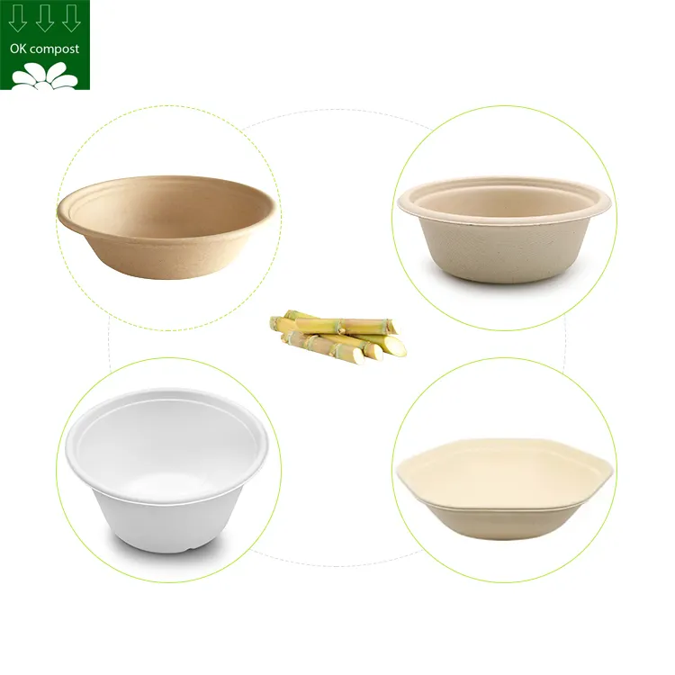 Custom Sugarcane Bagasse Fiber Pulp Compostable Paper Bowl 12 16 32 Oz For Salad Soup Ice Cream Pasta Sauce Noodle