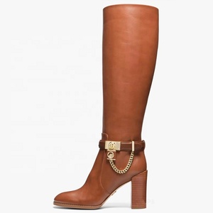 Metal Chain Chunky <b>Heels</b> Long Booties <b>Round</b> <b>Toe</b> Back Zipper Knight Shoes Women Western Style Knee High Boots - Product Image 1