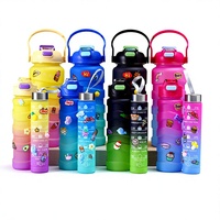 Ensemble de trois tasses en plastique à grande capacité, design dessin animé, avec paille filetée, pour enfants, portable pour l'extérieur, à large base, pour le commerce transfrontalier