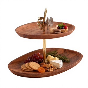 Plateau de service en bois à 2 niveaux résistant à la chaleur, plateau à dessert en bois d'olivier, support de présentation pour collations pour table de fête - Product Image 1
