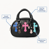 Sac à main mini en cuir véritable pour adolescentes, style Y2K gothique, avec patch croix, fermeture éclair, double poche, poignée supérieure, fabricant OEM