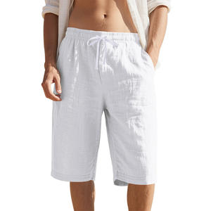 Nouveaux shorts en lin pour hommes, taille élastique avec cordon de serrage, coupe droite, couleur unie, respirants, décontractés, pour la plage, longueur 7/8, tenue d'été - Product Image 3