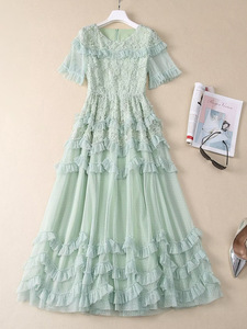 Abito <span class=keywords><strong>lungo</strong></span> XXL 2025 primavera estate festa di nozze signore Sexy <span class=keywords><strong>Tulle</strong></span> pizzo <span class=keywords><strong>con</strong></span> perline a manica corta verde maglia lunga Maxi abito abito - Product Image 3