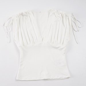 Blusa Corta Blanca Casual de Verano para Mujer con Escote en V Profundo, Manga Abullonada con Cordón Ajustable y Ajuste Delgado - Moda 2026 - Product Image 6