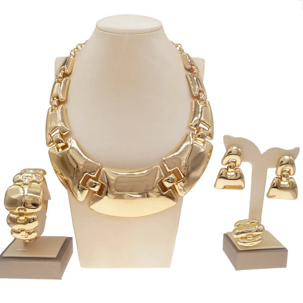 Yulaili Set Perhiasan Kalung 4 Potong untuk Wanita, Kalung Emas Gaya Besar Brazil, Set Perhiasan Sehari-hari Pernikahan, Anting-Anting, Gelang 4 Potong