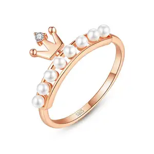 S925 Sterling Silber Ringe Krone Perle koreanische Mode Ringe Rosé vergoldeten Schmuck