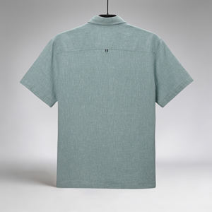 ราคาขายส่ง เสื้อเชิ้ตแขนสั้นผู้ชายสีเขียวพาสเทล ผ้าลินินผสมผ้าฝ้าย - Product Image 2